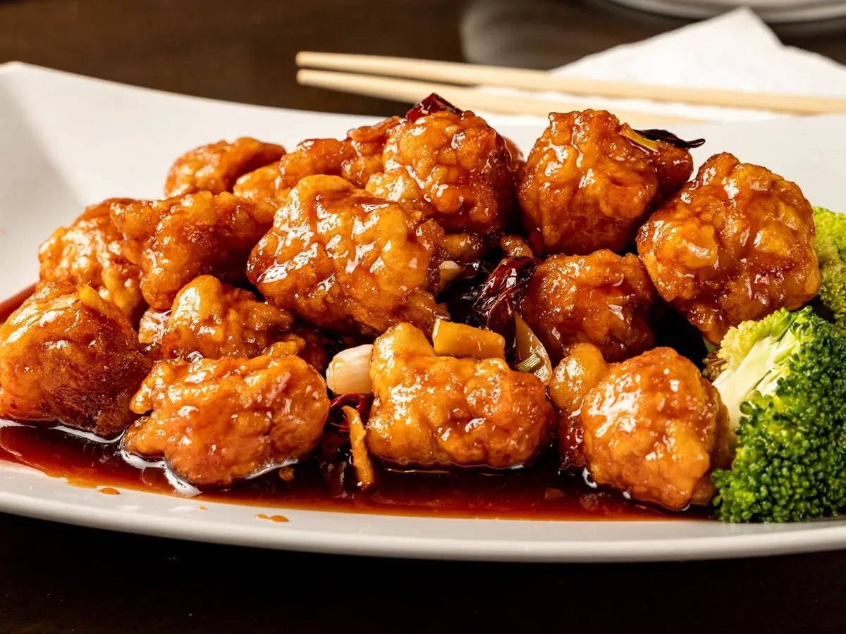 Braised spicy crispy chicken chunks with rich glossy sauce at Great Wall, a Chinese Restaurant in Greenwood