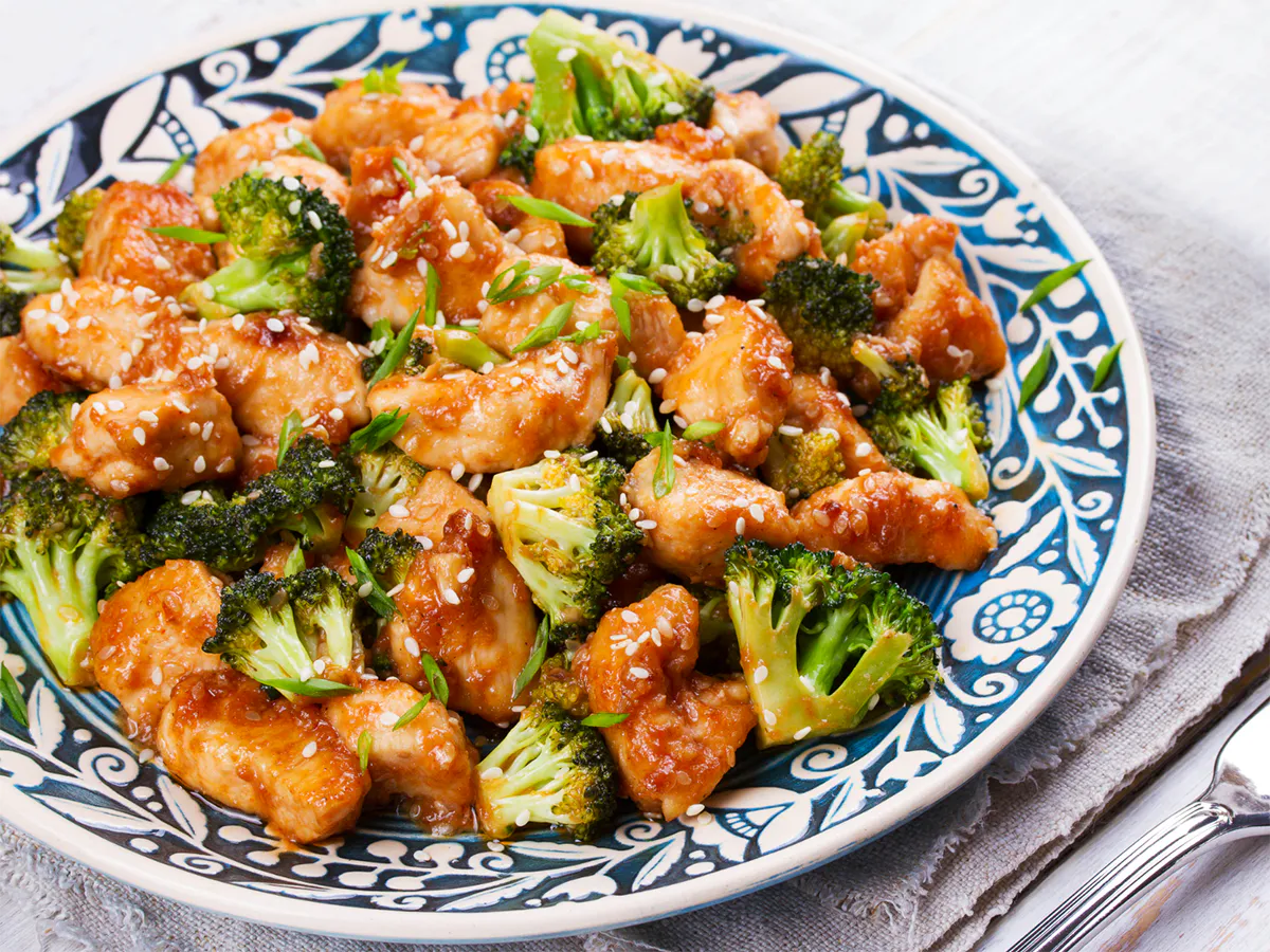 Glazed sesame chicken stir-fried with crisp broccoli florets at Great Wall, a Chinese Restaurant in Greenwood