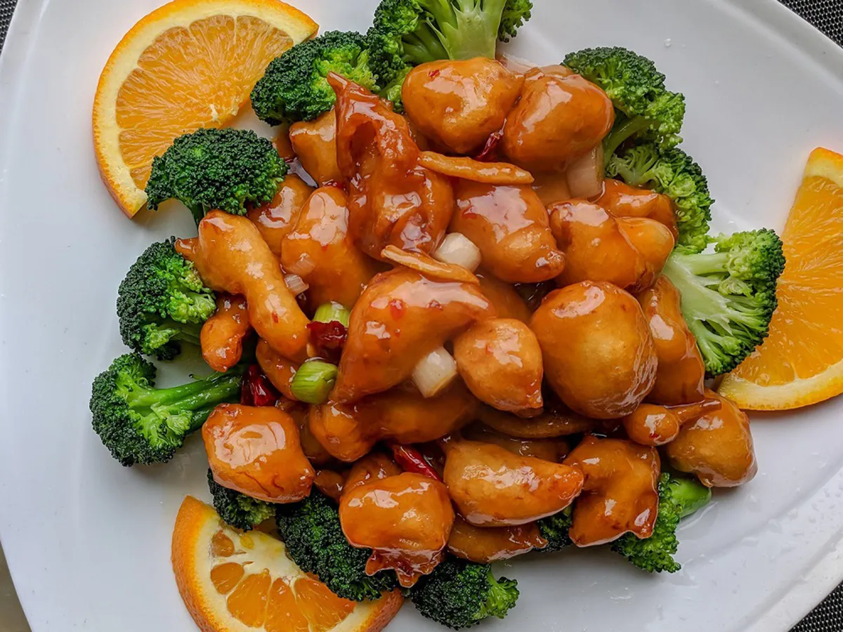 Sweet orange glazed chicken with fresh broccoli and orange slices at Great Wall, a Chinese Restaurant in Greenwood
